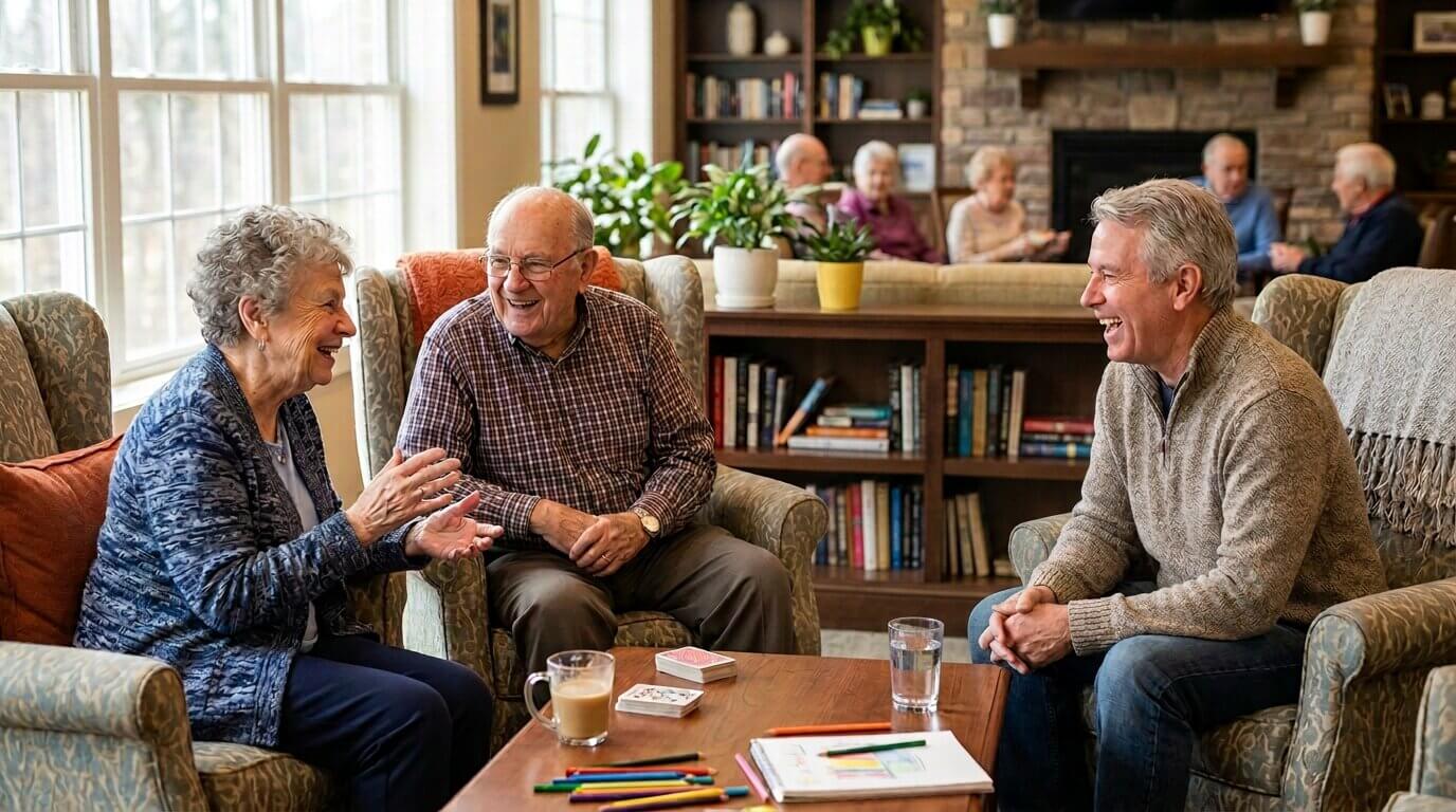A group of seniors smiling and chatting in a personal care community.