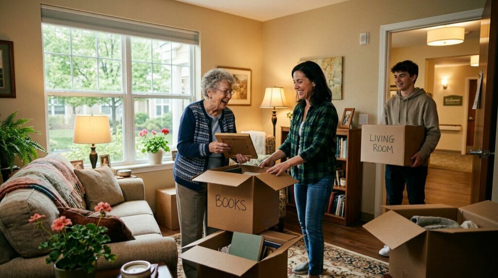A senior getting help from family members when moving in a personal care community
