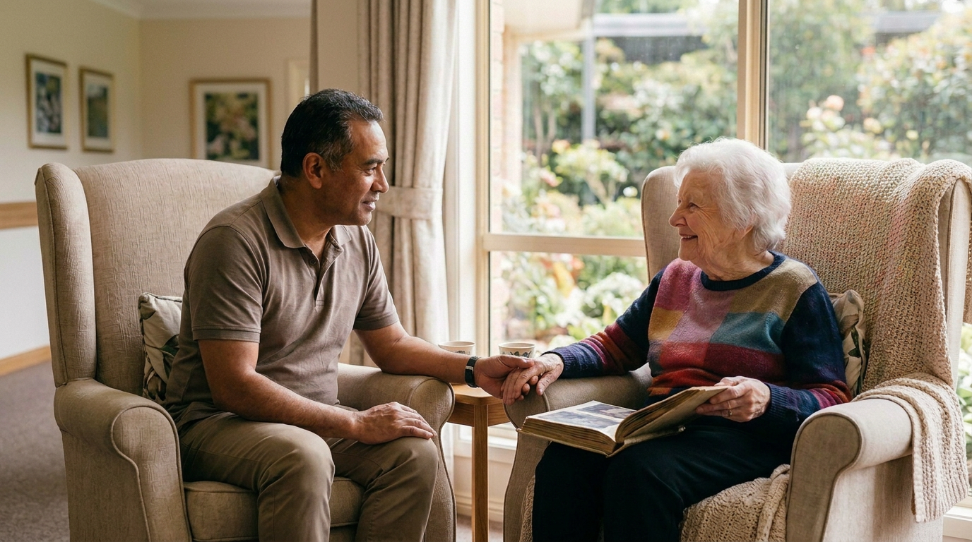 A caregiver smiles and holds the hands of an older adult with dementia sitting on a sofa.