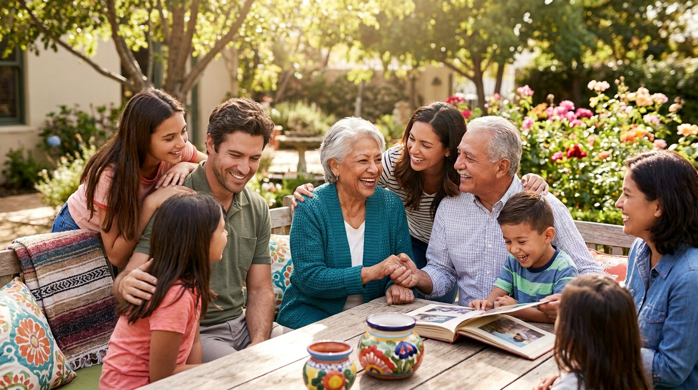 A senior couple and their family enjoy time together in a bright outdoor garden space.
