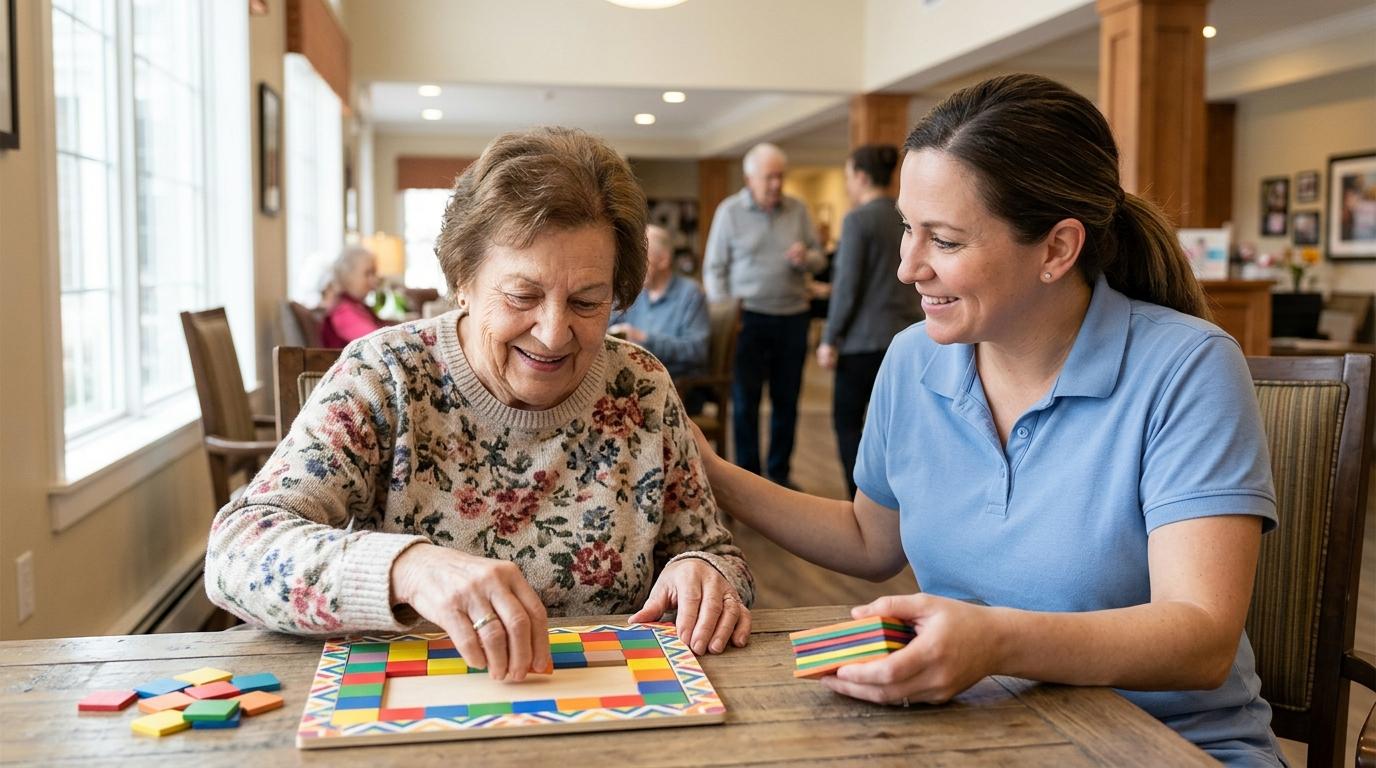 A caregiver supports an older adult as they enjoy a cognitively stimulating activity in a warm, comfortable community setting.