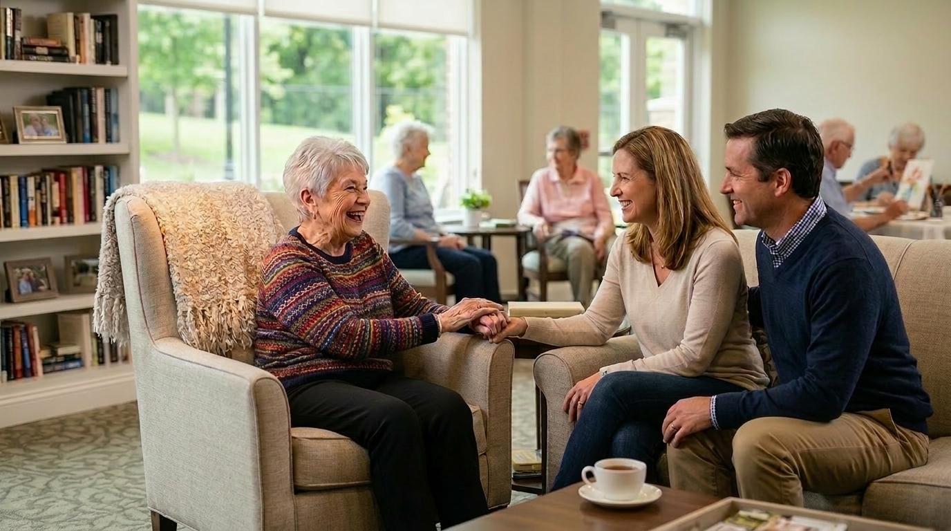 A smiling older adult and family members share a warm moment together in a bright, welcoming senior living common area.