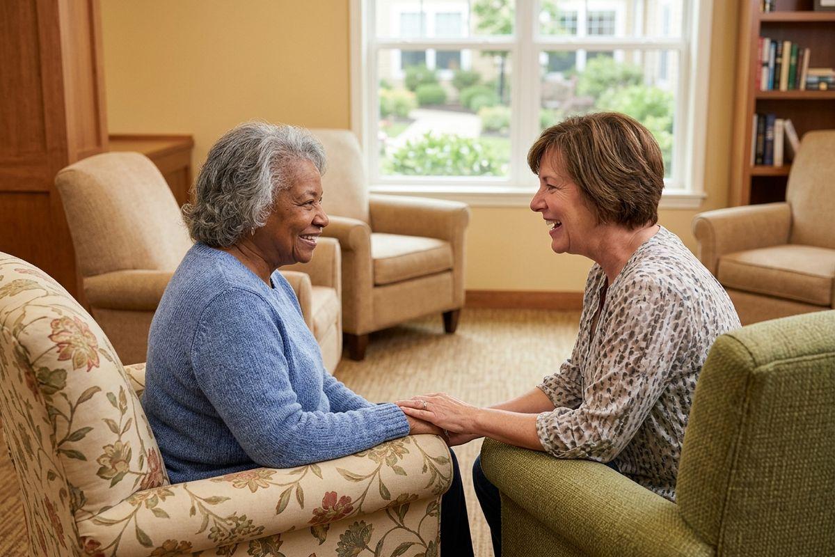 Two friends in a senior living community chat while sitting in comfortable chairs.