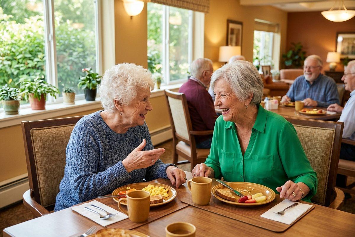 Two seniors laugh and have breakfast together in a senior living community.