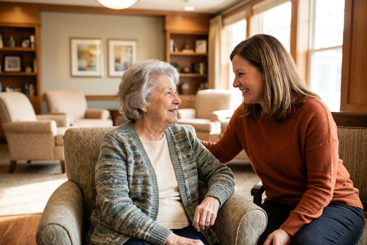 An adult smiles lovingly at their parent in a memory care community.