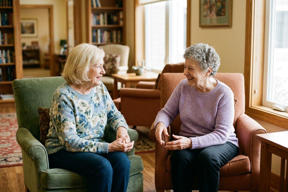 Two adults talk and enjoy friendship in a senior living community. 