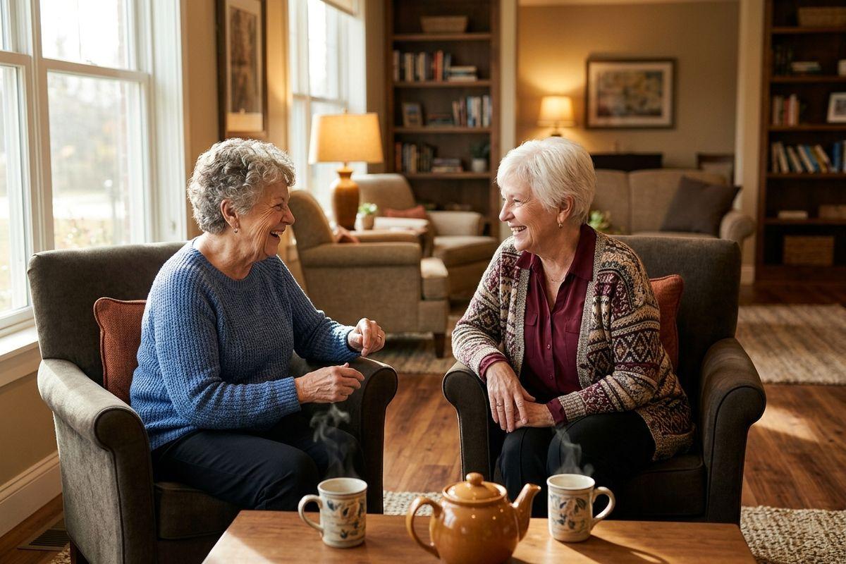 A pair of older adults sit together in armchairs, sharing smiles and afternoon tea in a senior living community common area.