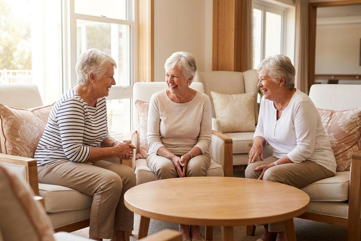 A group of older adults shares smiles and laughter as they sit together in a brightly lit common area in their senior living community.