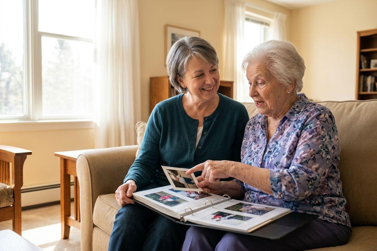 Two adults sit on a sofa in a living room looking through a photo album together, one smiling while the other holds a photograph.
