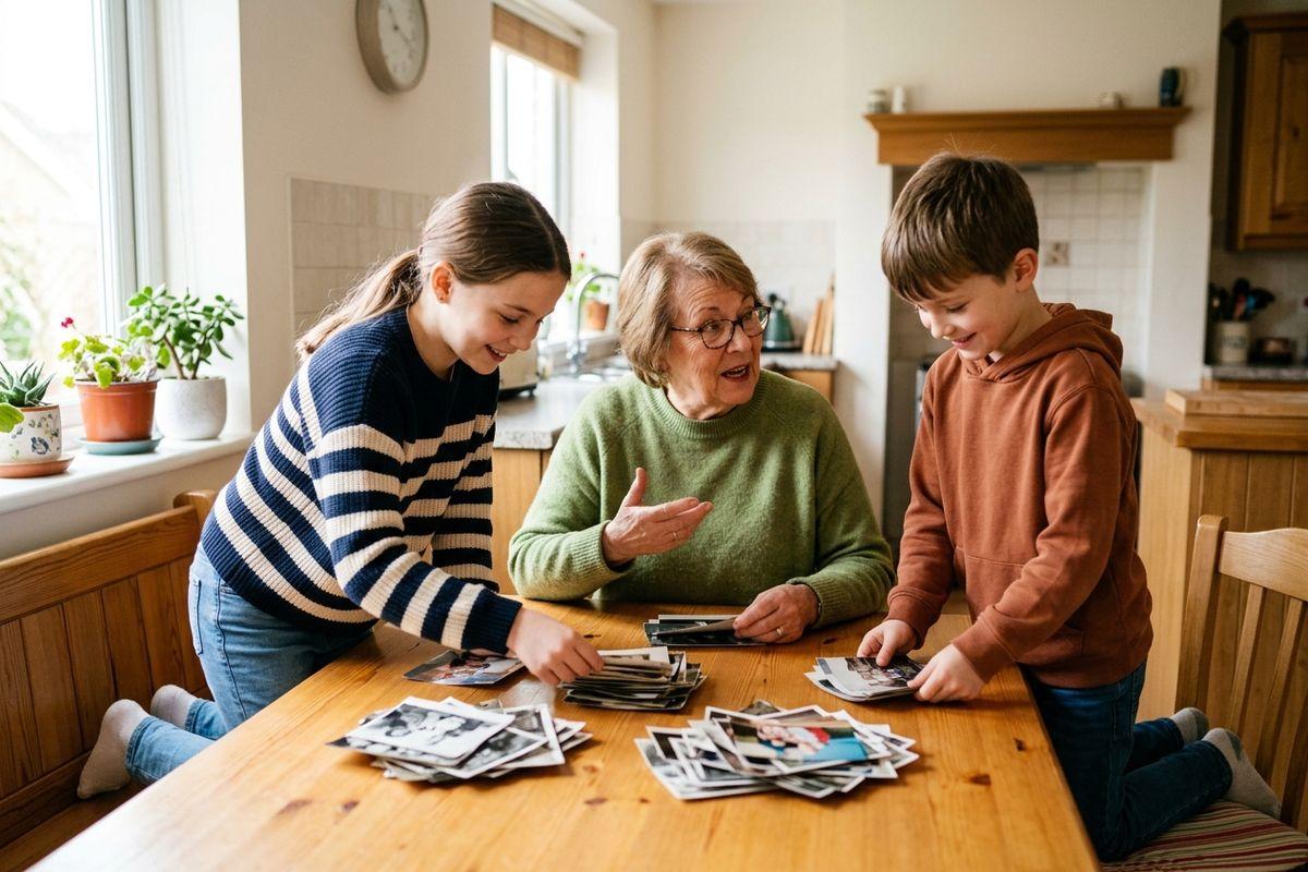 An older adult and their two grandchildren sit around a wooden kitchen table and smile while sorting through stacks of photographs.